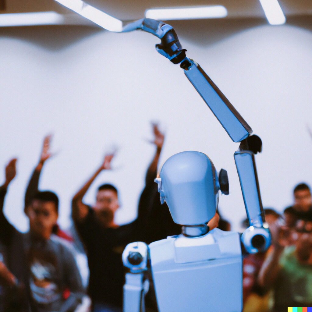 Symbolbild zur digitalen Vereinsversammlung: Computergeneriertes Foto eines Roboters von hinten, der seinen rechten Arm vor einigen Menschen hebt, die ebenfalls ihre rechte Hand heben.